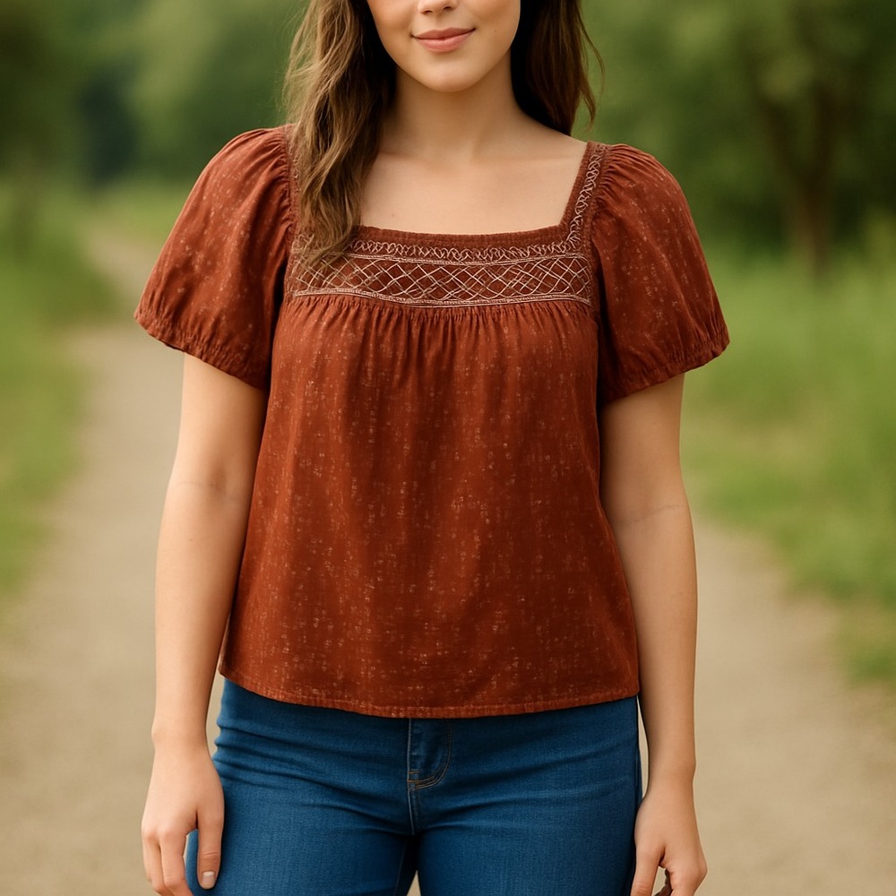 🌿 Madewell Women's Peasant Top XS – Rust Brown Embroidered Boho Blouse